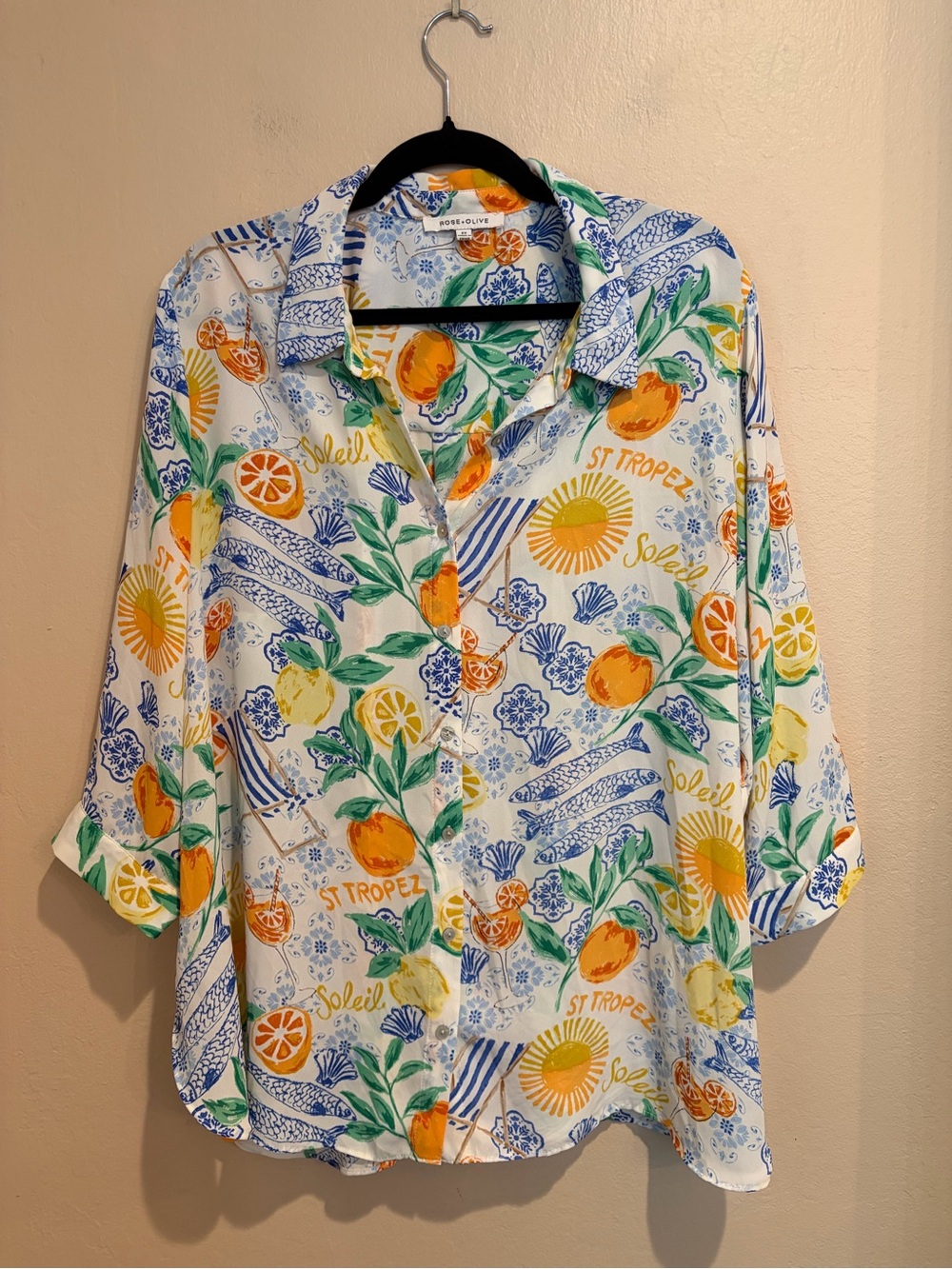 Rose & Olive Aperol Citrus Beach Blouse, size 2XL, Button Up, Sheer, Summer